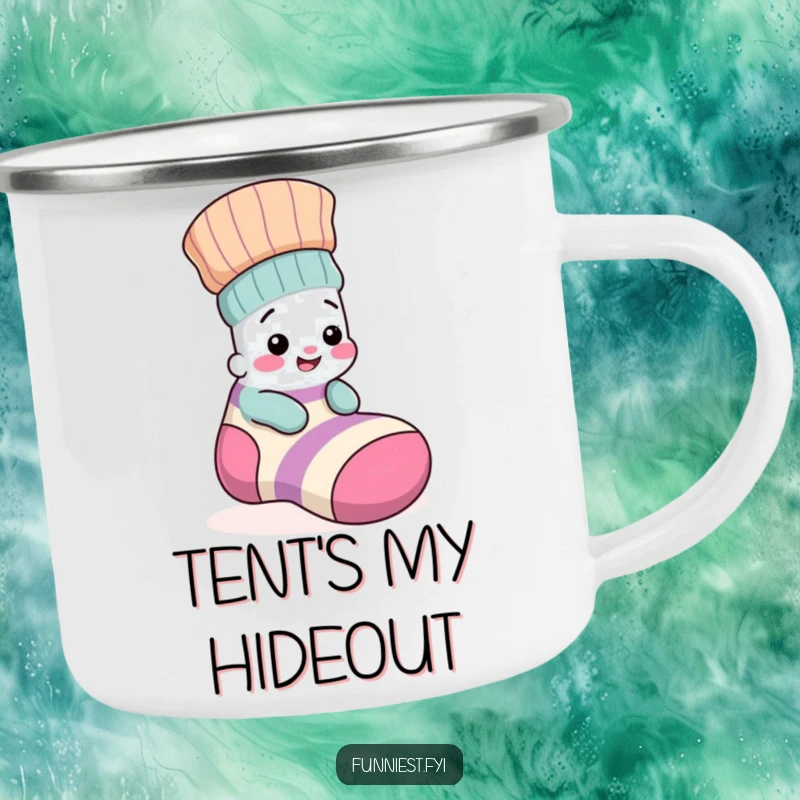 Funny camping mug showcasing a small, giggling sock character playfully hidden inside a large, mismatched sock, ideal for outdoor fun.