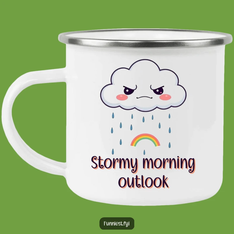 Funny Grumpy Cloud Camping Mug: Sarcastic Outdoor Brew, Tiny Rainbow, Perfect Gift