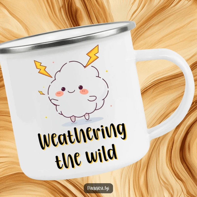 Funny juggling cloud camping mug with a fluffy cloud character happily juggling lightning bolts, perfect for energetic outdoor trips and gifts.