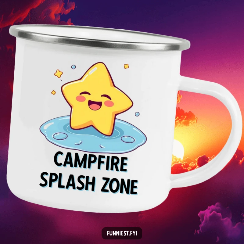 Funny camping mug featuring a laughing star winking and falling into a puddle, perfect for outdoor fun and humorous beverages.