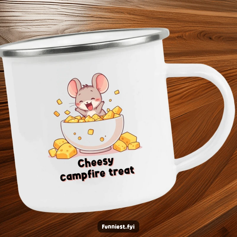 Funny camping mug with a delighted mouse character diving into a massive bowl of cheese, a humorous companion for outdoor excursions.