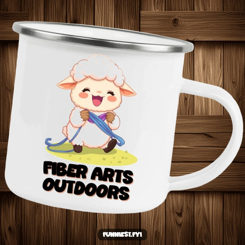 Funny sheep character knitting a rainbow, designed for durability on a camping mug.