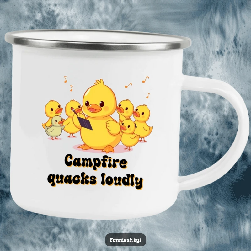 Funny shy rubber ducky conducting a squeaky orchestra on a camping mug, bringing musical charm to outdoor breaks.