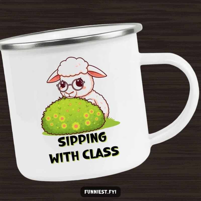Funny sheep camping mug, a sheep wearing a monocle looks smugly at a perfectly groomed bush, perfect for brews.