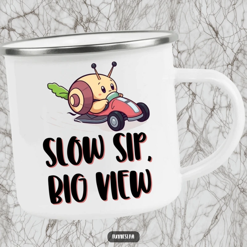 Funny camping mug with a determined snail character racing a tiny toy car towards a lettuce leaf, a humorous companion for outdoor journeys.