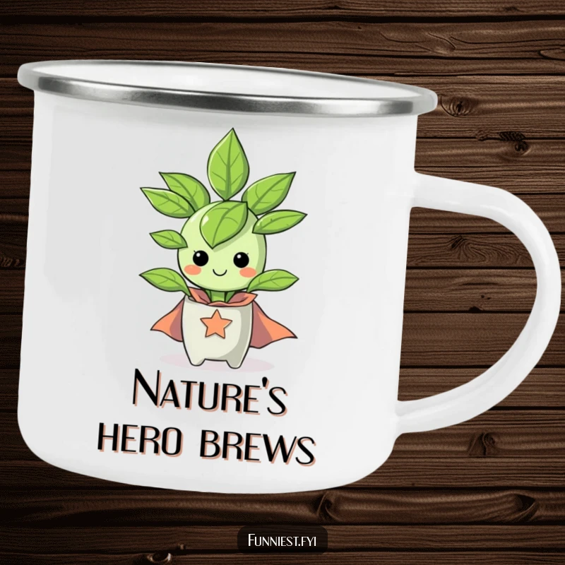 Funny happy houseplant wearing a tiny superhero cape on a camping mug, offering heroic cheer on the go.