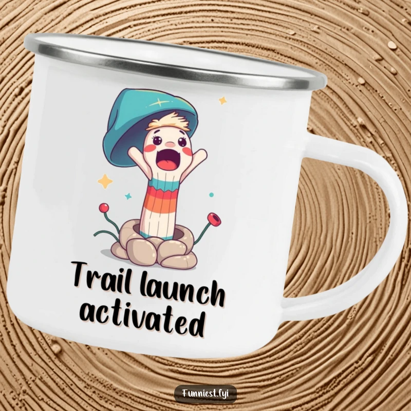 Funny camping mug featuring a surprised sock puppet character launching from a spring, perfect for outdoor adventures and humorous sips.