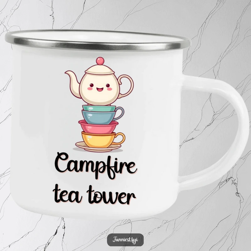 Funny Teapot Balancing Tea Cups Camping Mug: A teapot wobbles with stacked teacups on this rugged mug. A fun and funny gift for campers.