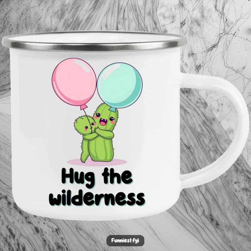 Funny camping mug depicting a happy cactus hugging a surprised balloon, ideal for outdoor enthusiasts who love humor.