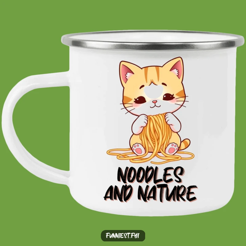 Funny Cat Knitting Spaghetti Camping Mug, Puzzled Feline Outdoor Gear, Humorous Gift