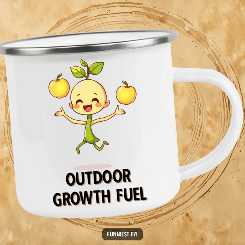 Funny dancing sprout character camping mug, happily juggling three shiny apples with focused joy, great for outdoor fun.