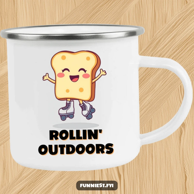 Funny camping mug illustrated with a toast character in roller skates, ready for an outdoor escapade. A sturdy and humorous companion for adventures.
