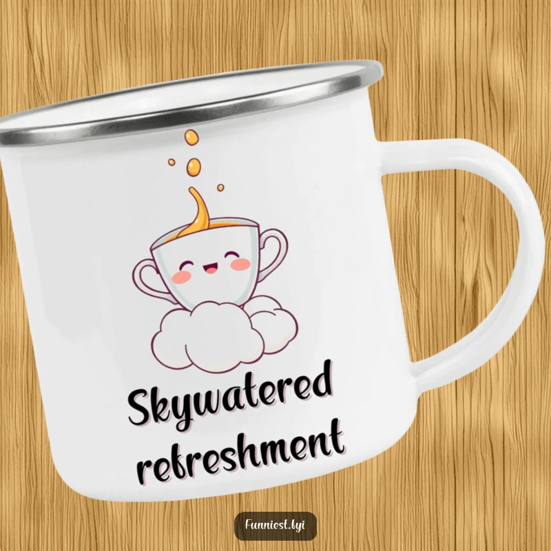 Funny teacup character receiving a pour from a smiling cloud, rugged enamel mug for outdoor use.