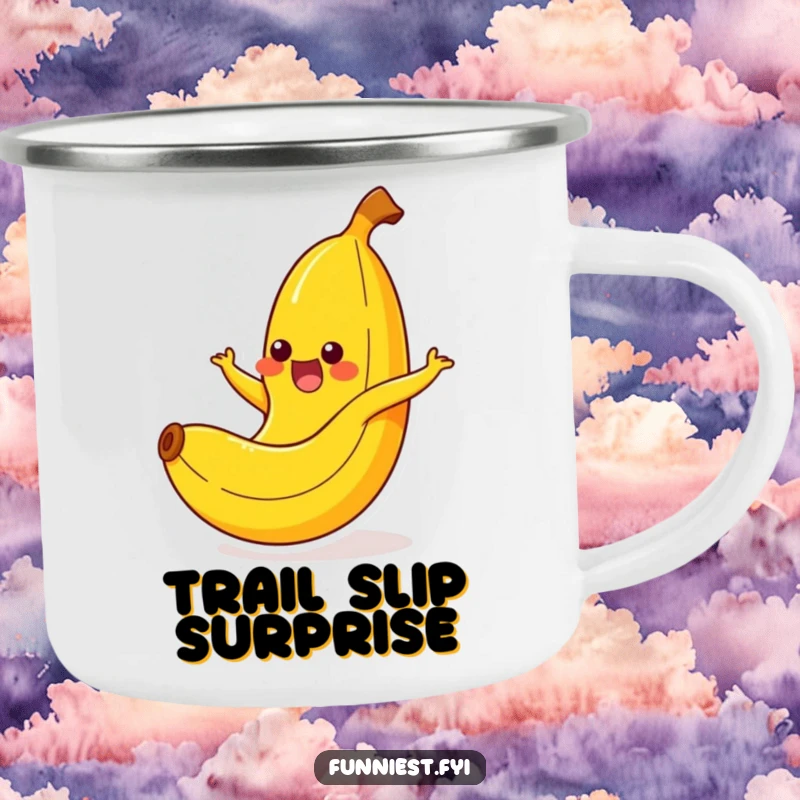 Funny banana character yelping happily while slipping on its peel, designed for a durable and funny camping mug.