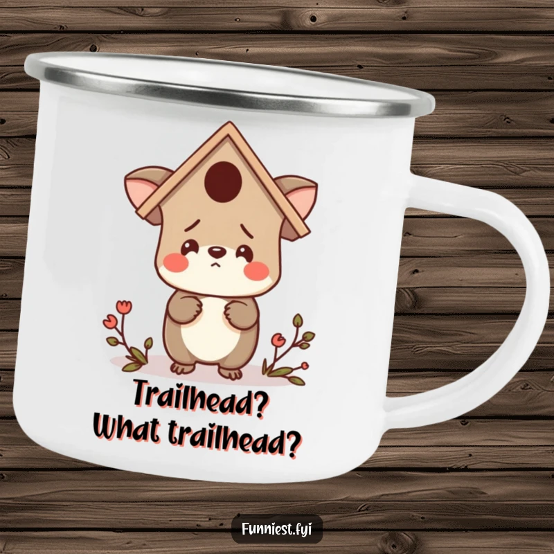 Funny camping mug illustration of a confused animal character with a birdhouse hat, looking lost, ideal for outdoor humor.