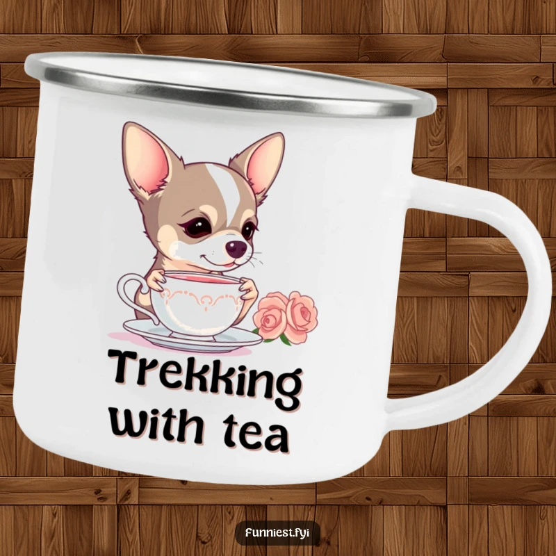 Funny Chihuahua camping mug, a dog dramatically sipping tea, suitable for outdoor adventures and humor.