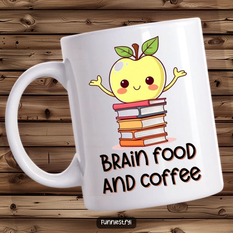 Funny proud apple character balancing a wobbling stack of books on a mug, exuding academic charm and humor.