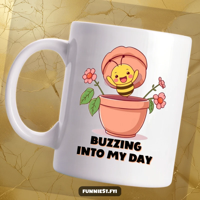 Funny mug featuring a happy bee character flying headfirst into a giant flowerpot, depicted with comical enthusiasm and surprise.