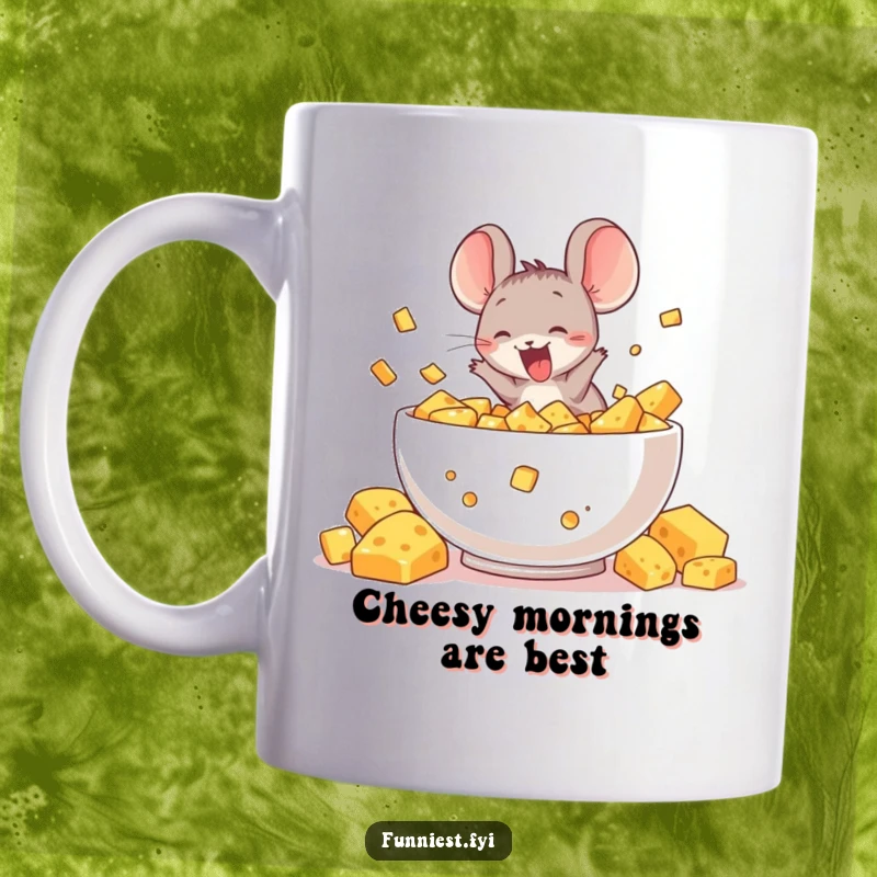 Funny mug featuring a delighted mouse character diving headfirst into a massive, overflowing bowl of delicious cheese, embodying pure joy.