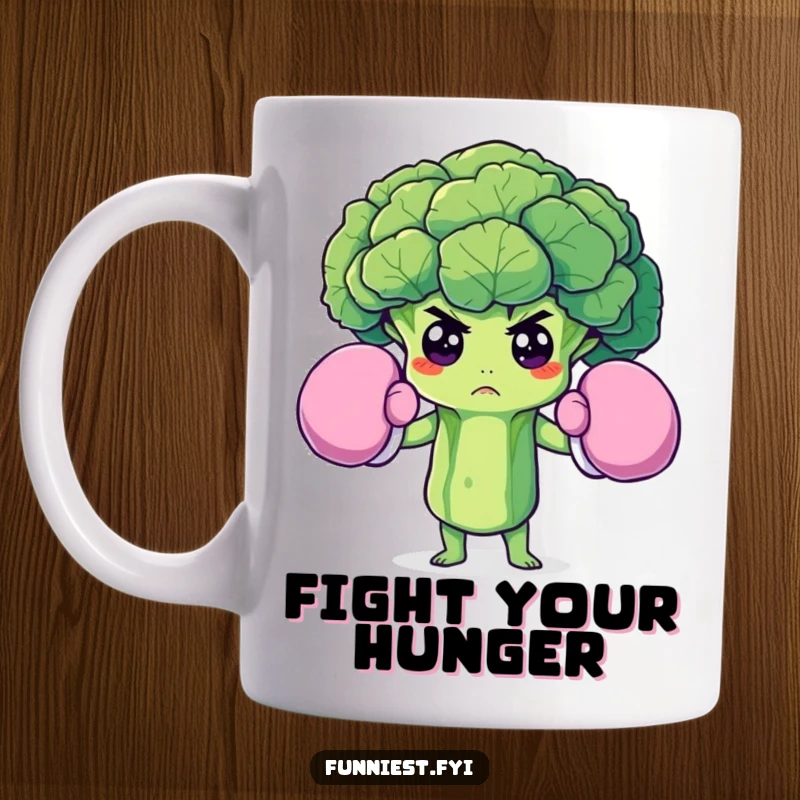 Funny mug depicting a determined broccoli floret wearing oversized boxing gloves, showcasing healthy eating with a comedic, pugilistic twist.