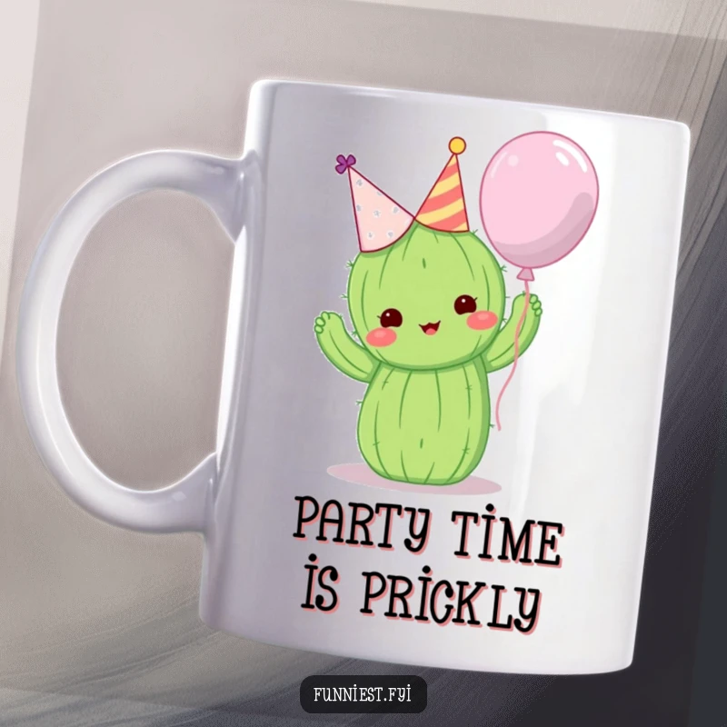 Funny mug showing a cute cactus wearing a party hat attempting to hug a balloon.