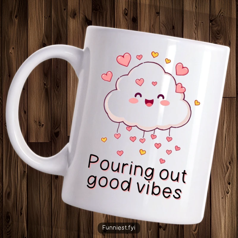 Funny joyful cloud character raining tiny colorful hearts, depicted on a mug, ideal for spreading love and happiness.