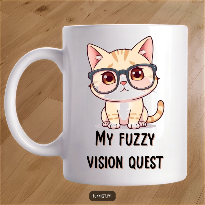 Funny Confused Cat Glasses Mug: A silly cat looks bewildered trying to fit into oversized glasses. Hilarious funny gift for pet owners.