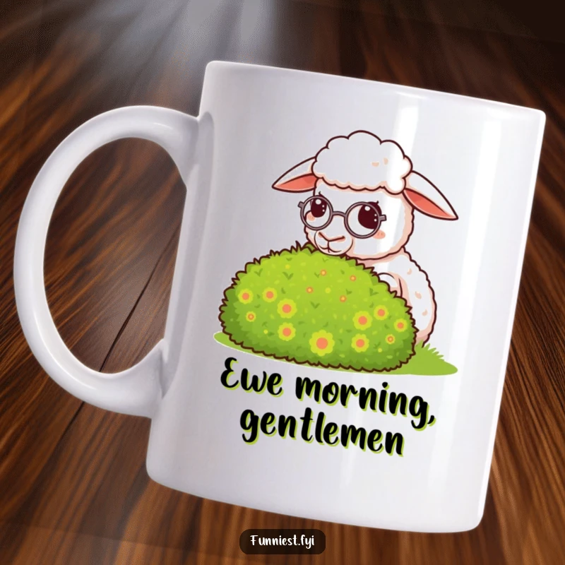 Funny sheep mug, a sheep wearing a monocle gives a smug look towards a perfectly manicured bush.
