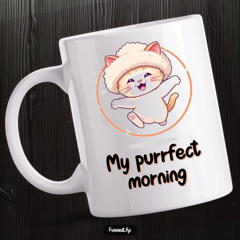 Funny Mug featuring a joyful cat in a big fluffy hat jumping through a glittering hoop, radiating happiness and playful energy.