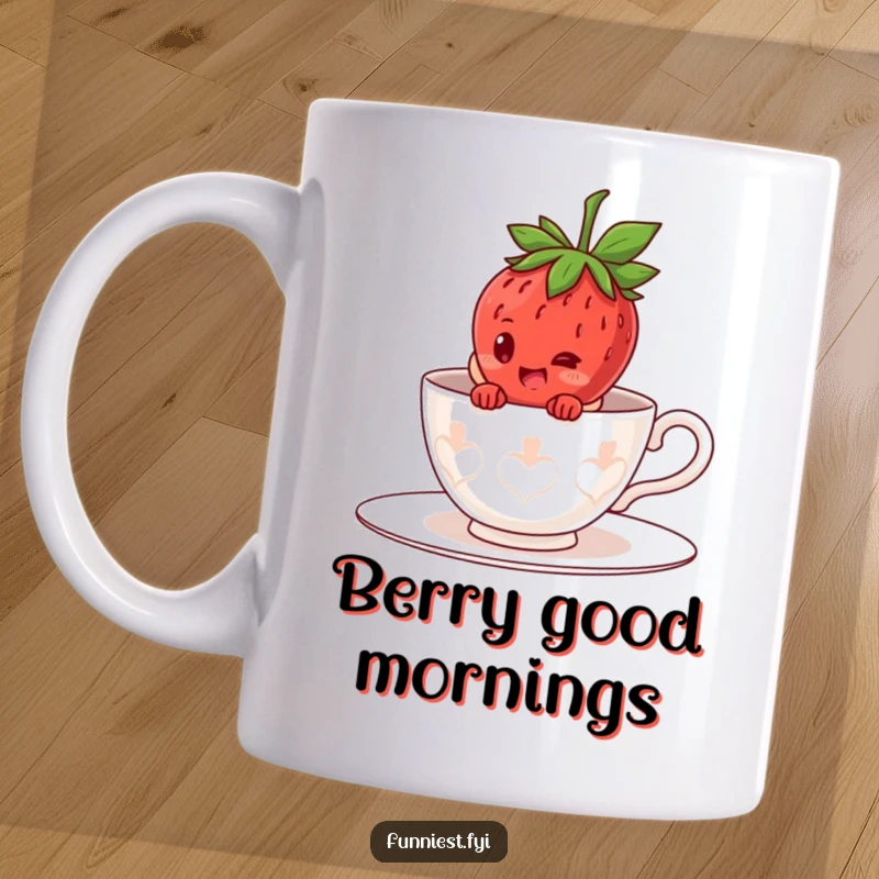 Funny giggling strawberry character mug, hiding inside a gigantic teacup costume, peeking out with a cheerful smile.