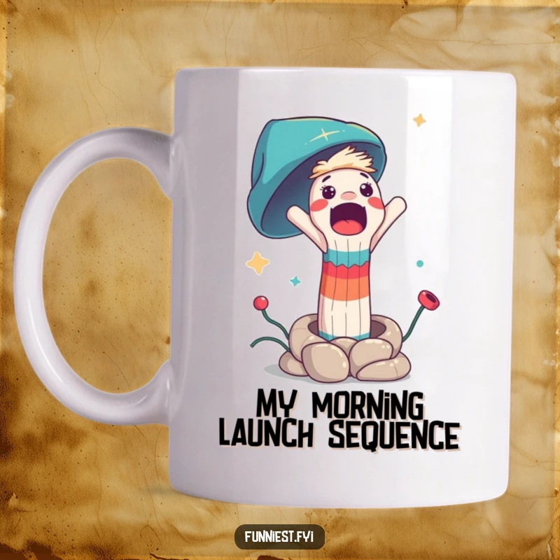 Funny sock puppet mug, a character surprised and launched from a spring, showcasing a humorous and unexpected moment.