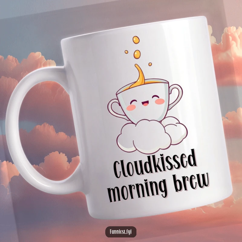 Funny teacup character with a joyful expression, being poured on by a happy, smiling cloud, on a coffee mug.