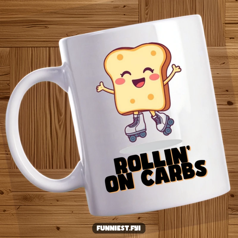 Funny mug of a joyful toast character wearing roller skates, wobbling with pure excitement. A hilarious depiction of a breakfast friend’s daring adventure.