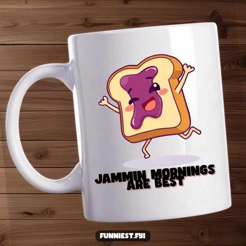 Funny mug showcasing a giggling slice of toast with jam doing a clumsy cartwheel, radiating pure breakfast silliness and joy.