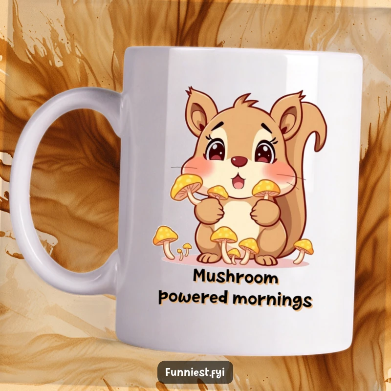 Funny surprised squirrel character with cheeks stuffed full of glowing mushrooms, depicted on a mug, ideal for a whimsical and humorous gift.