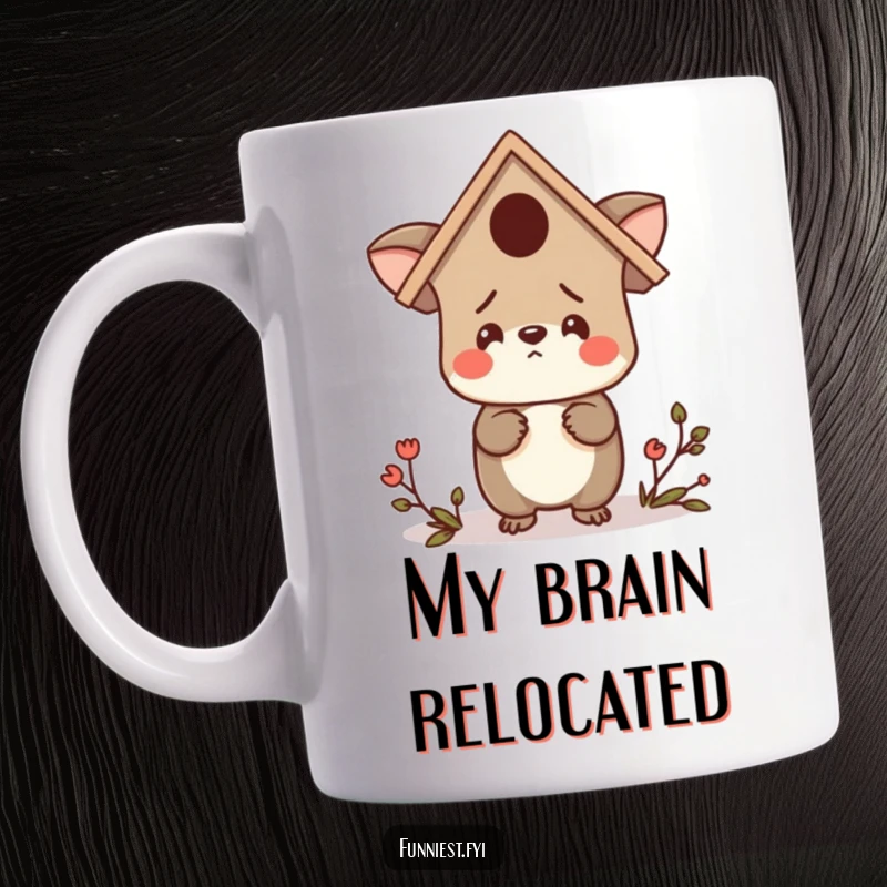 Funny mug showing a confused animal character wearing a birdhouse as a hat, looking around with a lost expression, perfect for silly moments.
