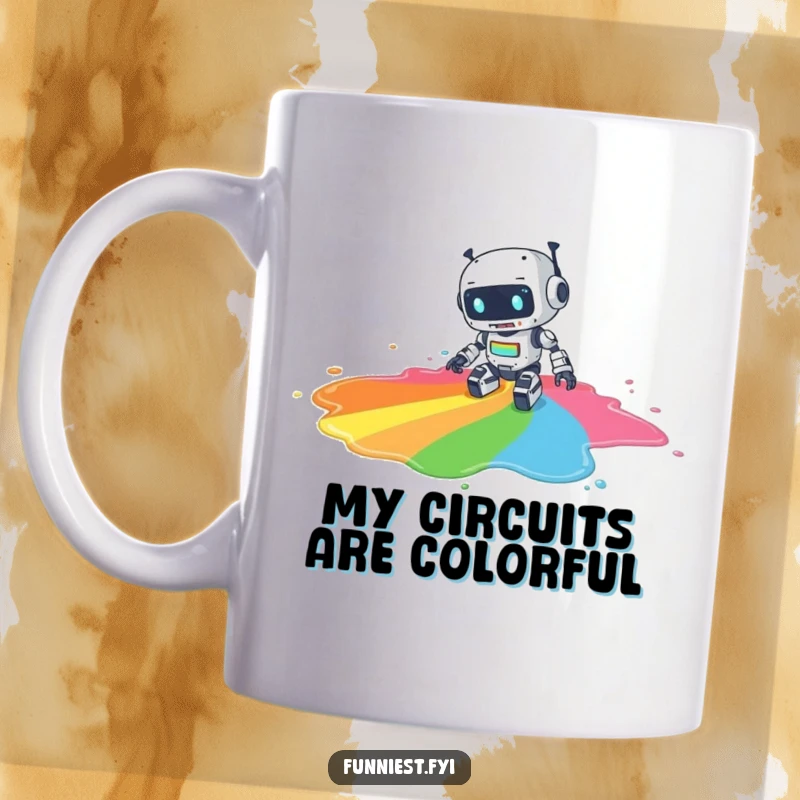 Funny mug depicting a clumsy robot tripping and spilling a large puddle of vibrant rainbow paint, creating a colorful, chaotic scene.