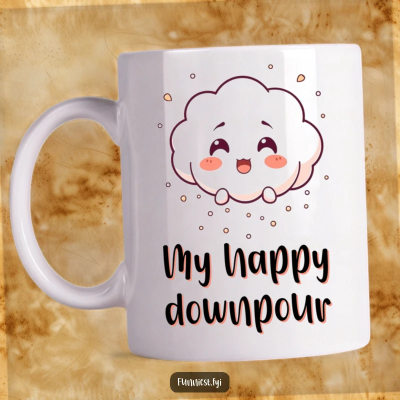 Funny surprised little cloud character raining tiny particles of laughter, a cheerful and funny mug design.
