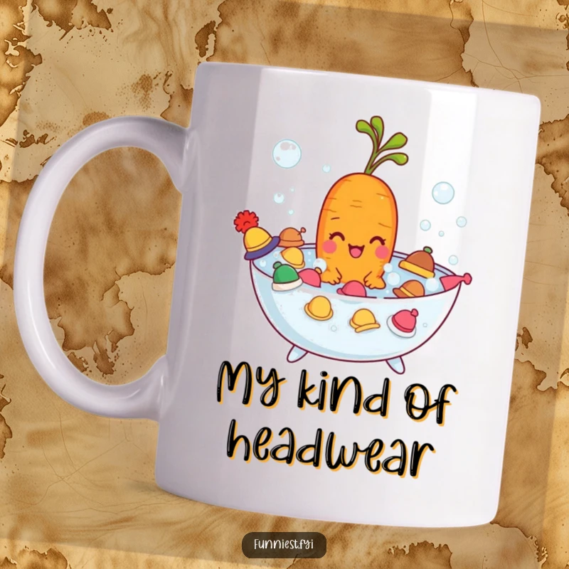 Funny carrot character in a bubble bath with tiny hats, relaxing and smiling, perfect gift for mug lovers.