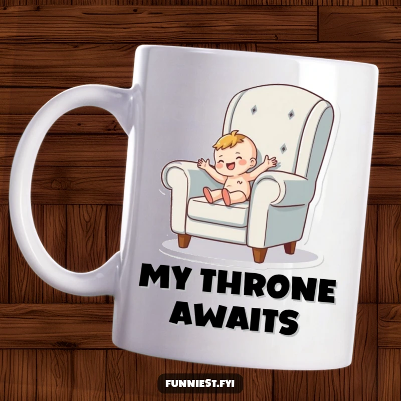 Funny Mug showing a tiny person character happily wiggling while inside a giant armchair, celebrating comfort and joy.