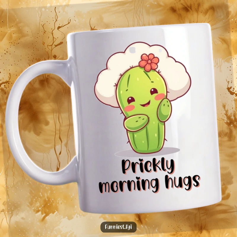 Funny mug depicting a smiling cactus character tenderly attempting to hug a soft, fluffy cloud. A representation of gentle aspirations and sweet embraces.