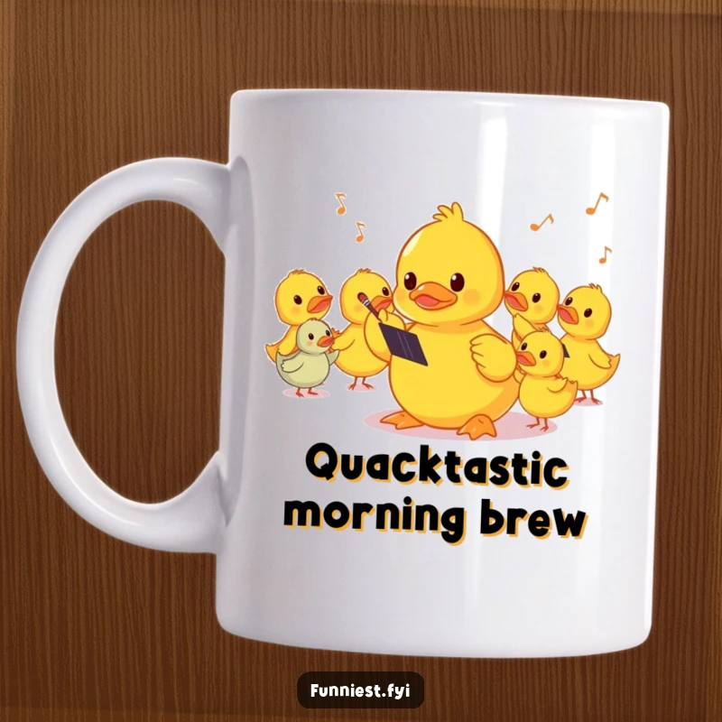 Funny shy rubber ducky character with a baton, conducting a silent orchestra, on a mug, conveying innocent, quiet humor.