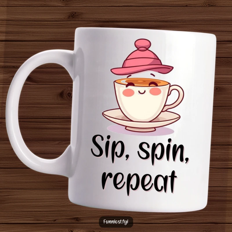 Funny mug showcasing a playful teacup wearing a stylish hat and spinning enthusiastically, radiating charm and cheerful energy.