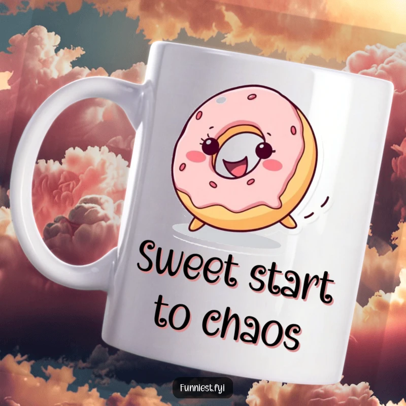 Funny mischievous donut character with a cheerful grin rolling downhill, depicted on a mug, perfect for a sweet and humorous gift.