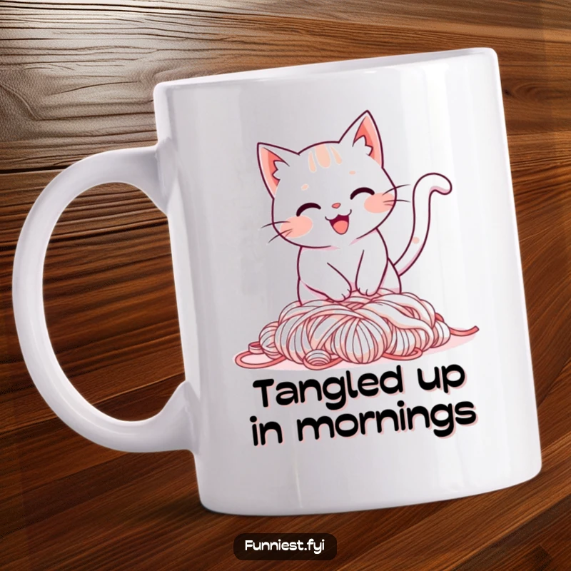 Funny mug showing a smiling cat character comically tripping over its tail and landing in a soft pile of colorful yarn.