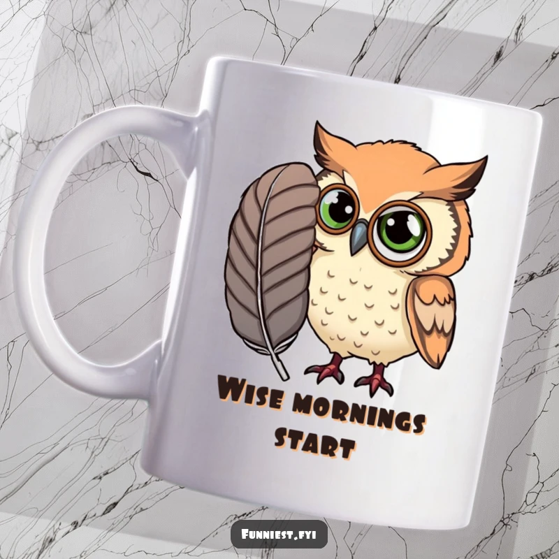 Funny Mug featuring an owl in a monocle, intently examining an oversized feather with great curiosity and sophistication.