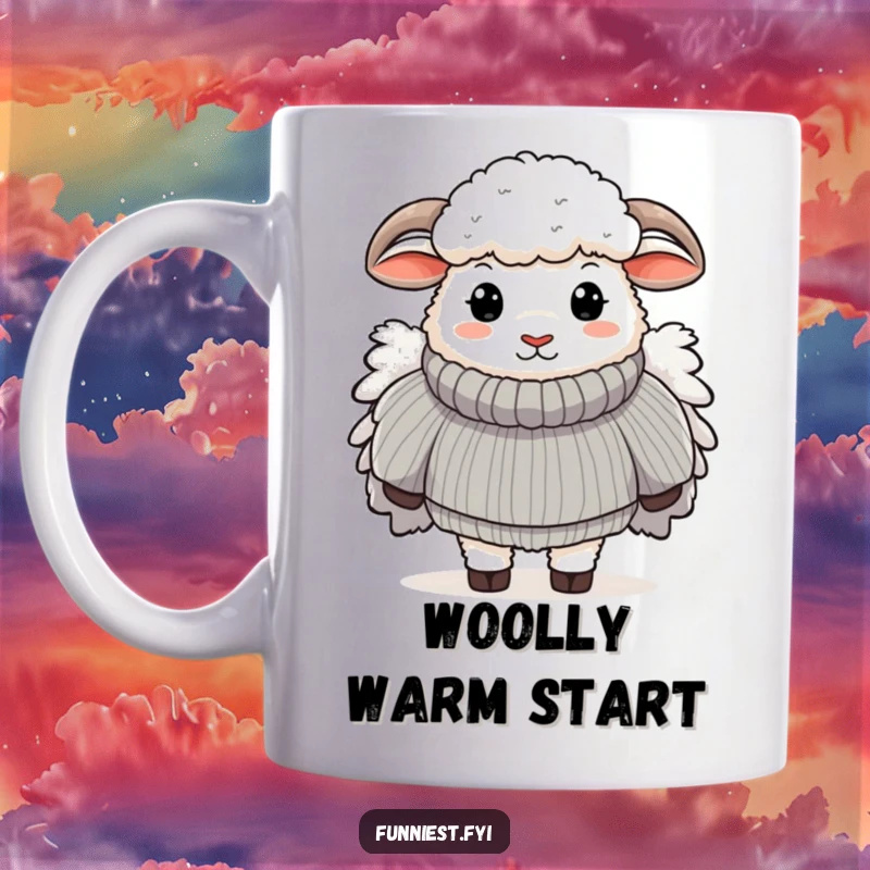 Funny mug showing a sheep hilariously wearing a ridiculously large, fluffy sweater, exuding cozy and comical charm.