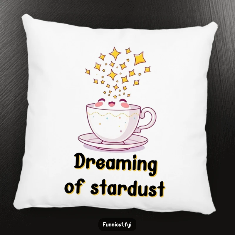 Funny teacup pillow with a delighted character pouring a magical stream of stars, ideal for cozy, enchanting spaces.