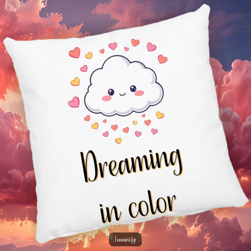 Funny Pillow with a smiling fluffy cloud character showering down tiny colorful hearts, offering comfort and a touch of sweetness.