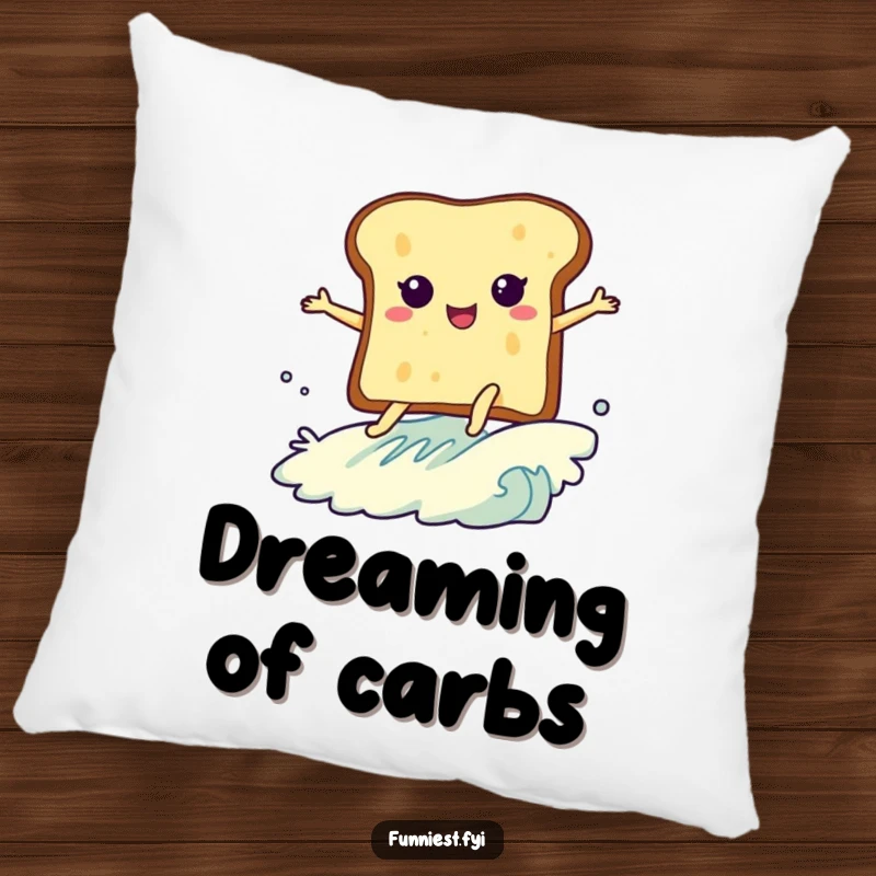 Funny pillow featuring a slice of toast with legs enthusiastically surfing a butter wave, perfect for humorous and comfortable decor.